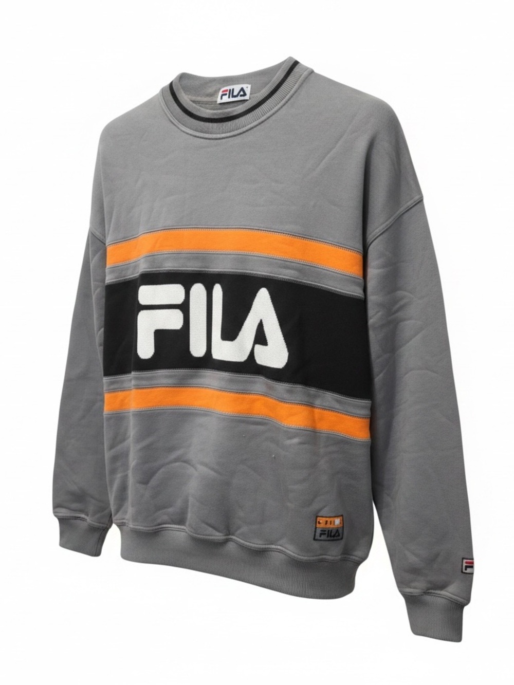 FILA Gray Crewneck Sweatshirt with Orange Stripes and Black Logo Panel